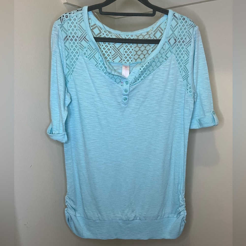 No Boundaries Sky Blue Crochet Accent Blouse